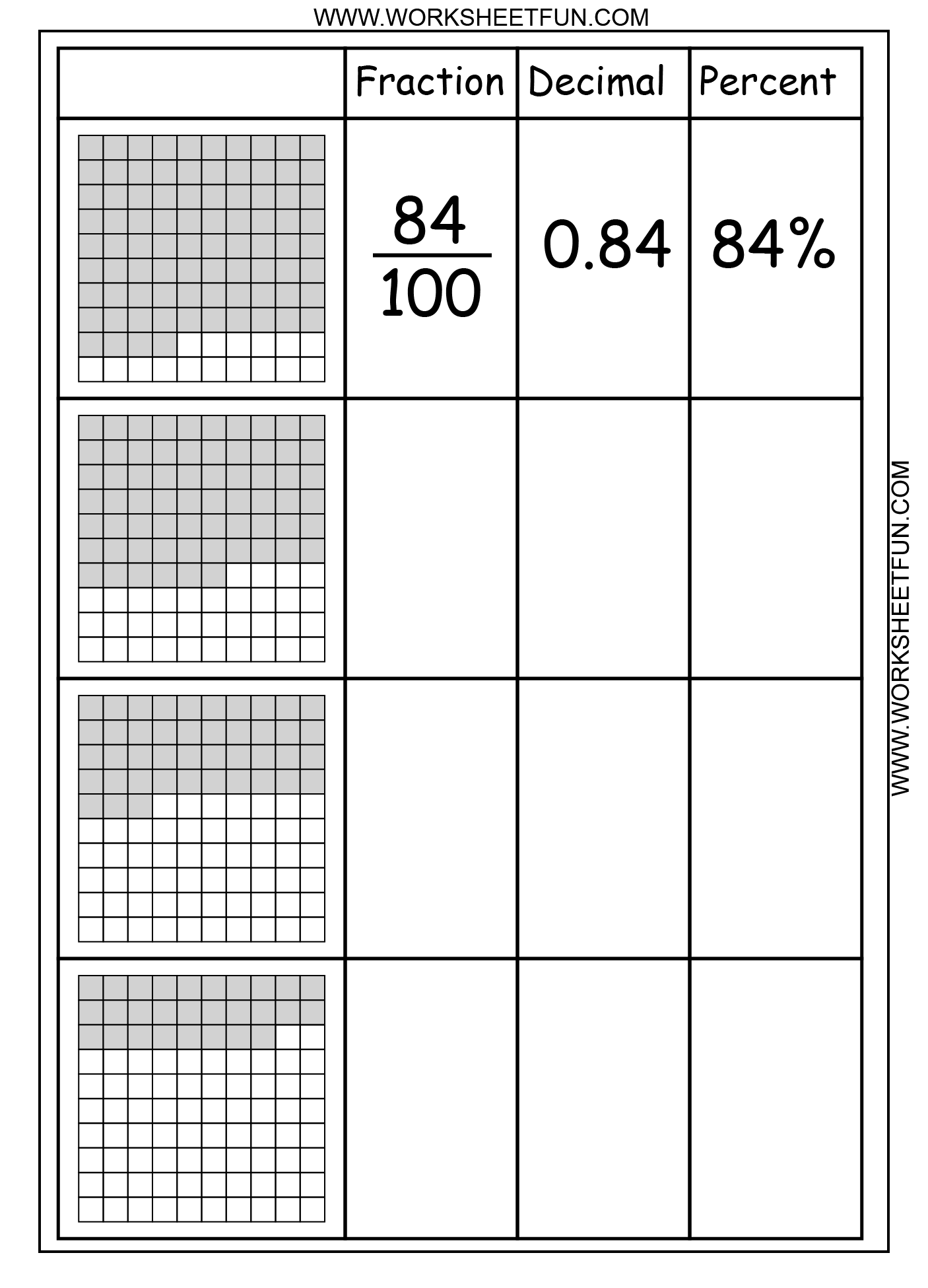 Convert between percents, fractions and decimals – 8 Worksheets / FREE