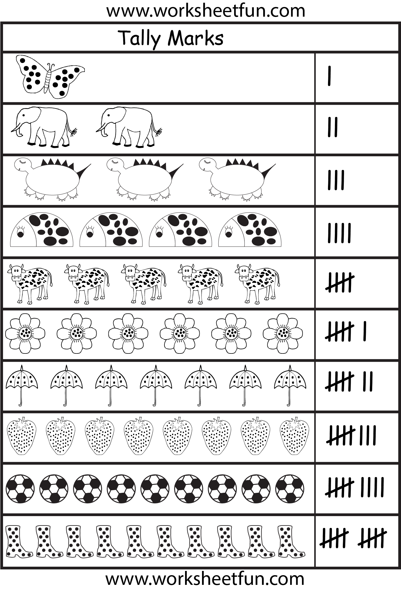 tally marks from 1 to 5 kindergarten printable worksheets