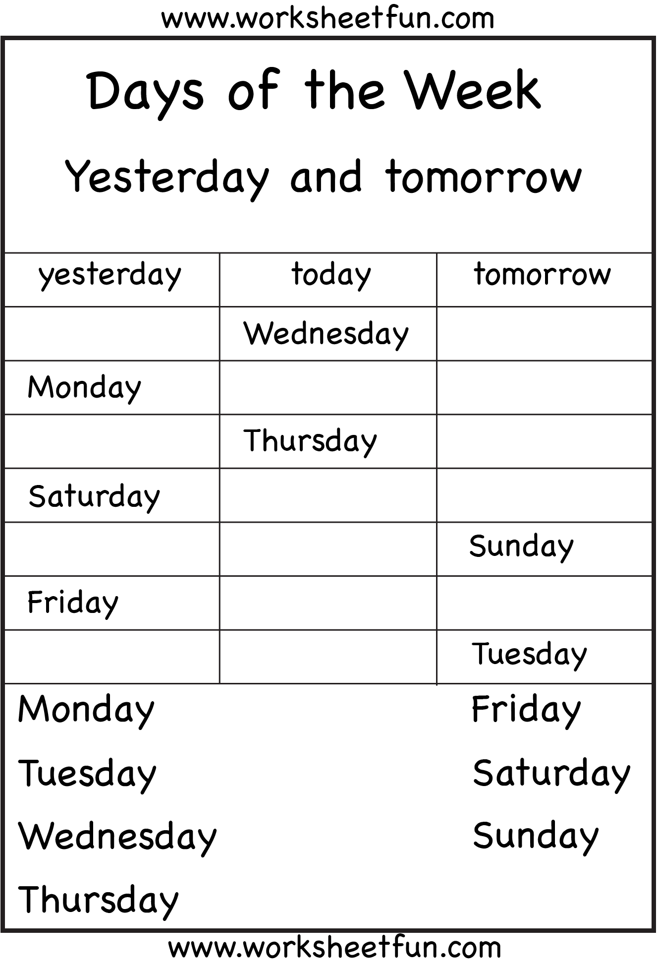 Days of the Week Yesterday and Tomorrow 6 Worksheets / FREE
