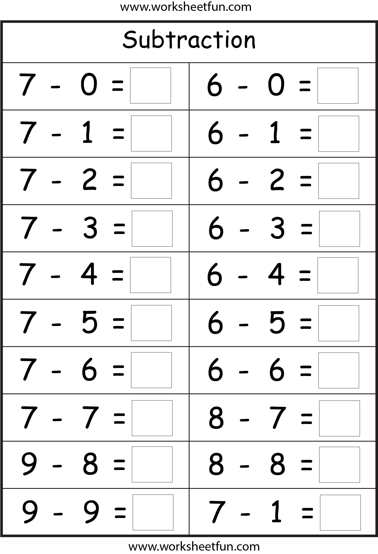 Printable Subtraction Worksheets Free