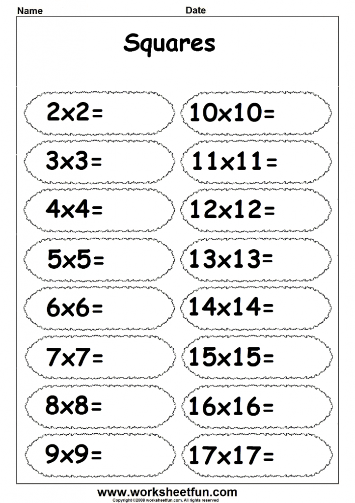 Squares – 2 to 17 / FREE Printable Worksheets – Worksheetfun