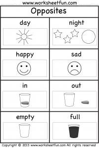 opposites one worksheet day night happy sad in out empty full free printable worksheets worksheetfun